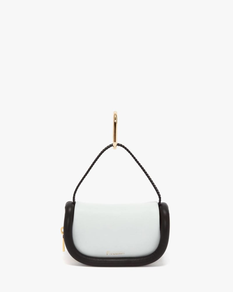 Front of a size O/S Micro Bumper Leather Pouch in White/Black in White/Black by JW Anderson. | dia_product_style_image_id:343002